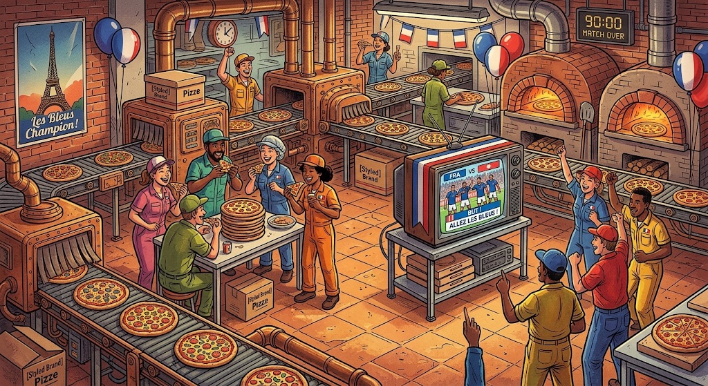A busy pizza kitchen: conveyor lines running full sheet pans, ovens lit, and the whole crew eating together
