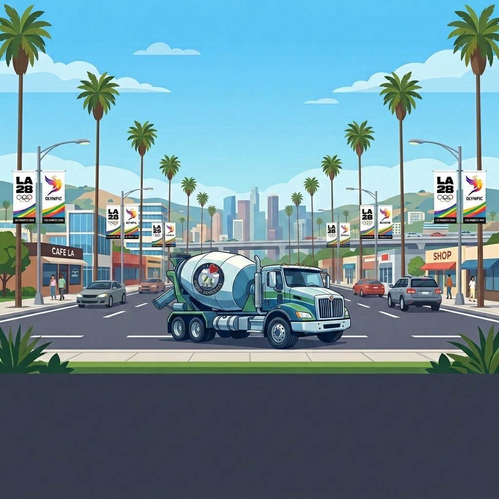 A green concrete mixer truck driving through Los Angeles with LA28 Olympic banners