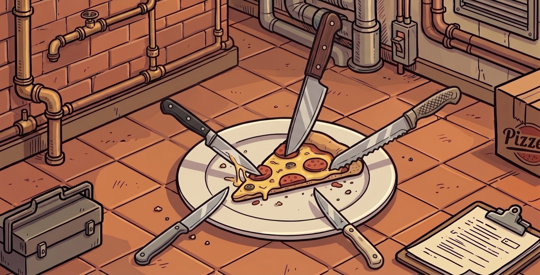 Five knives converging on a single slice of pizza on a plate, on a tiled plant floor